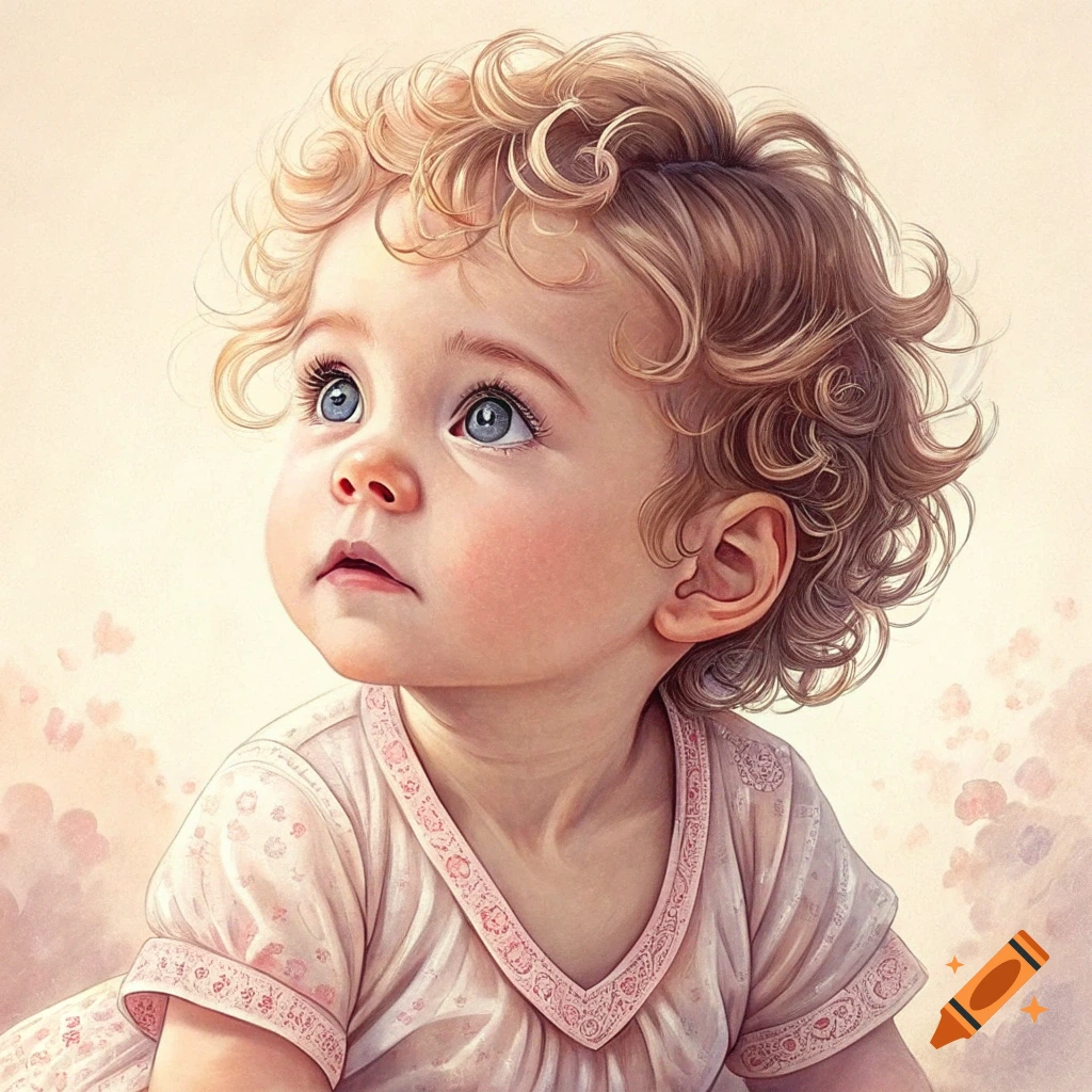 Portrait illustration of a baby girl with curly blonde hair and blue eyes looking up