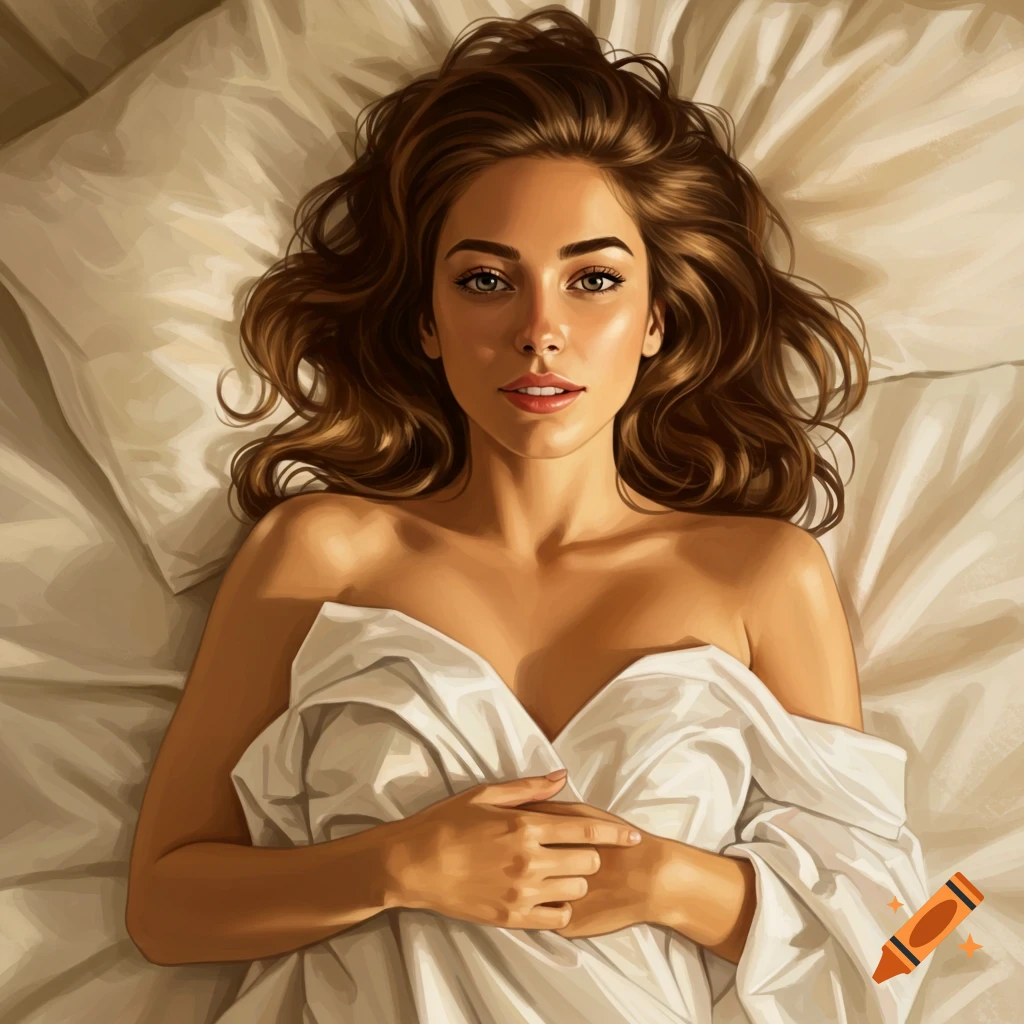 A young woman wrapped in white sheets lying on a bed looking at the viewer