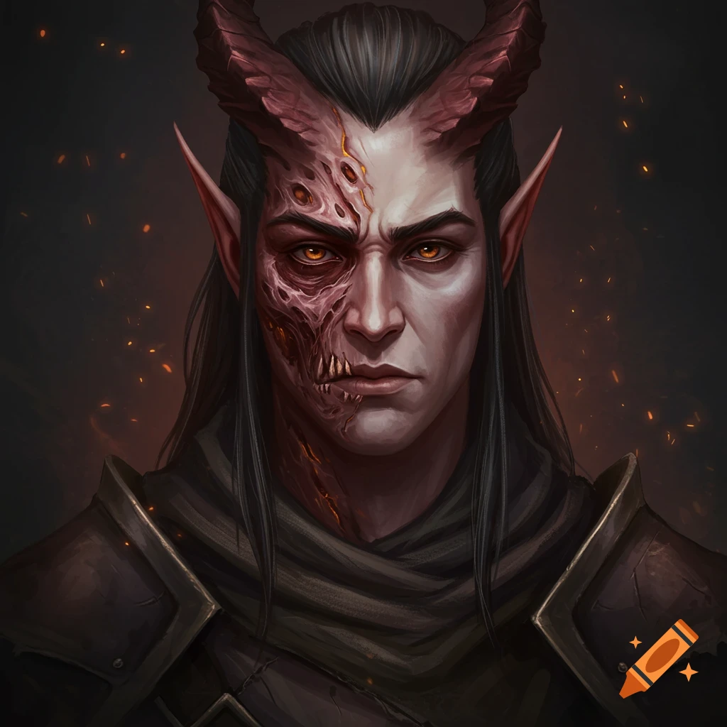A demon elf with burns on the left side of the face, horns, and orange eyes.