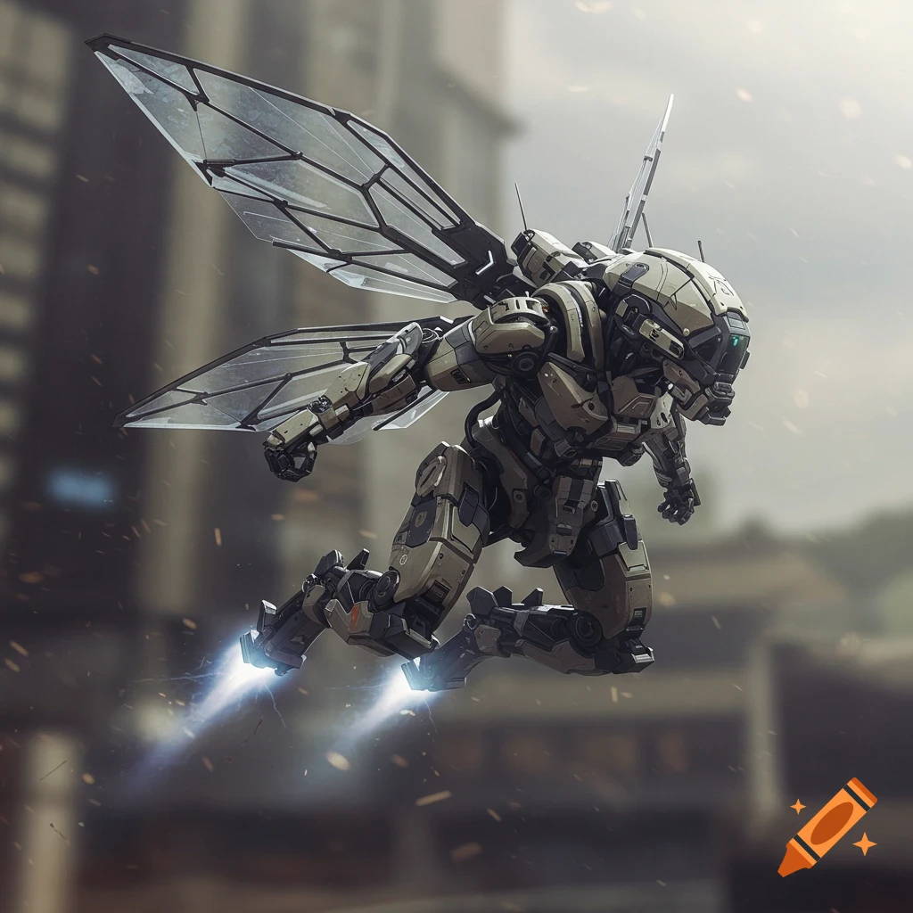 Detailed sci-fi mech with clear wings and jet thrusters flies in a city.