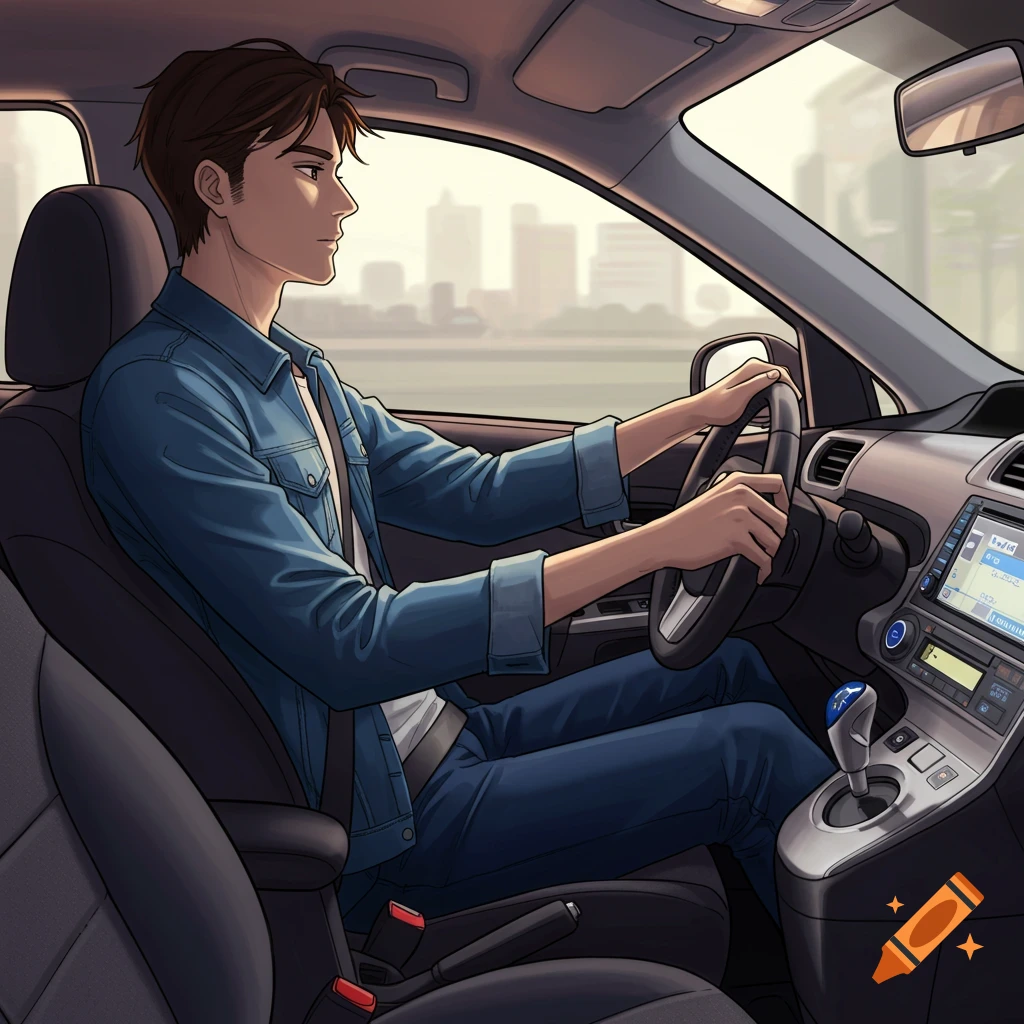 A person driving a car with a cityscape backdrop.