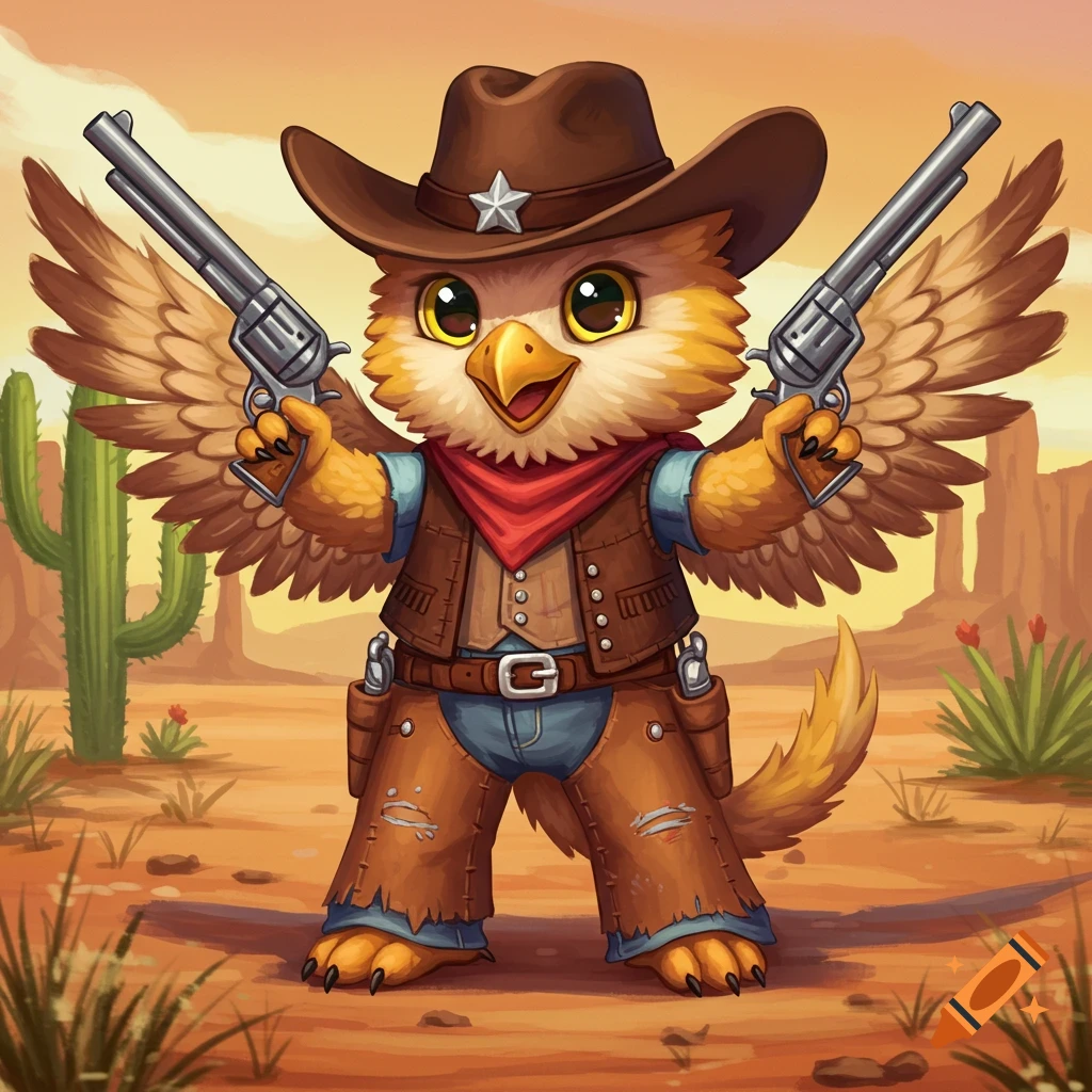 A cute cartoon griffin in a cowboy hat and outfit holds two revolvers in a desert landscape.