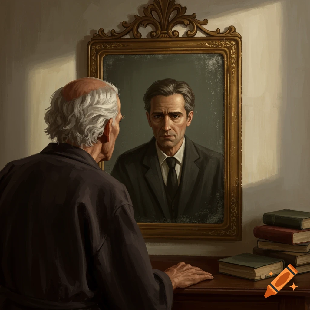 An old man looks in a mirror and sees a younger version of himself reflected.