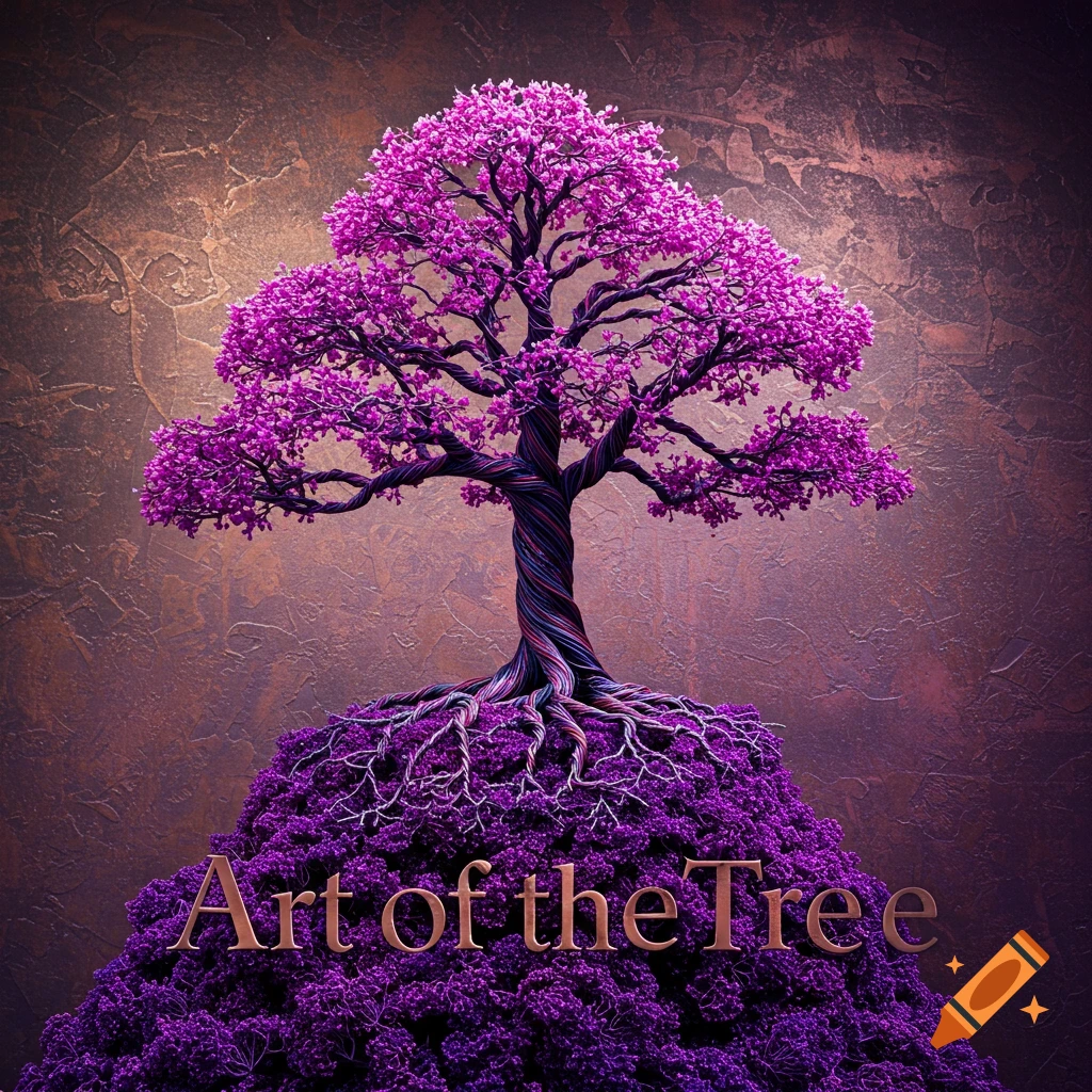 A stylized bonsai tree sculpture with bright pink blossoms and twisted wire roots sits on a purple mound, with the text "Art of the Tree" below.
