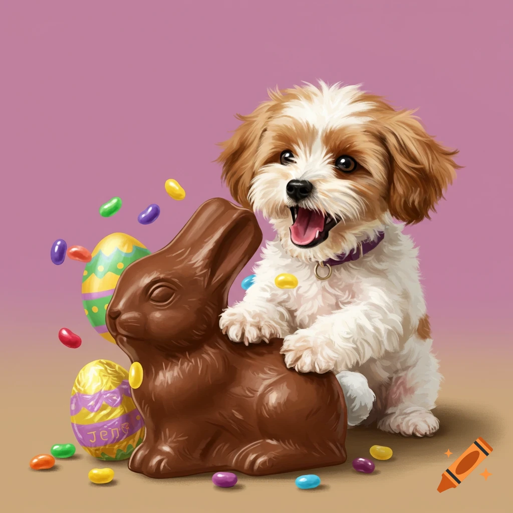An illustration of a cute puppy sitting on a chocolate Easter bunny with colorful jelly beans and eggs.
