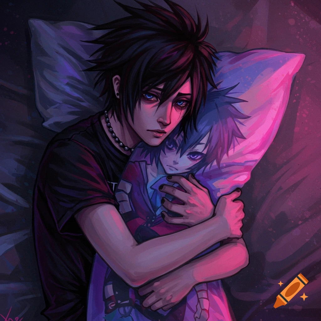 A person with black hair and eye bags hugs a body pillow in bed.
