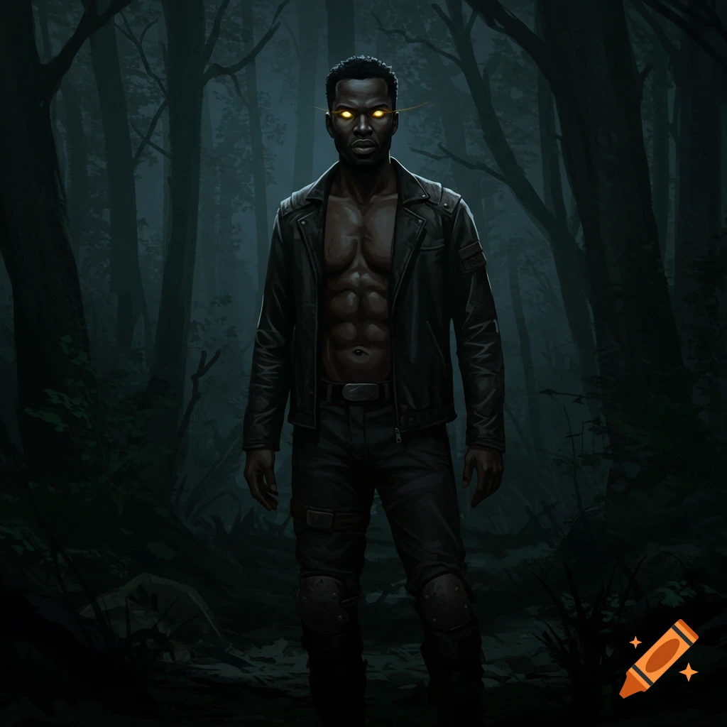 A Black man with glowing yellow eyes stands in a dark forest at night.