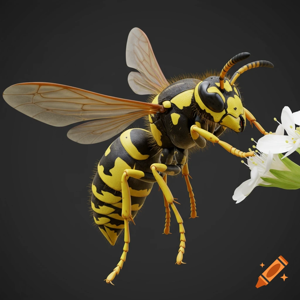 Realistic render of a yellow and black wasp perched on a white flower.