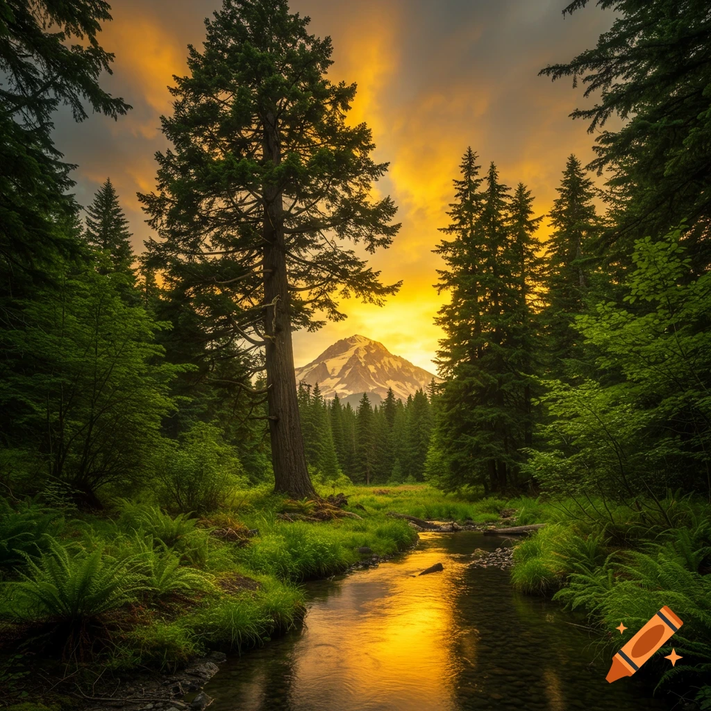 Forest stream winds past a tall tree towards a snow-capped mountain peak against a vibrant orange sunset sky.