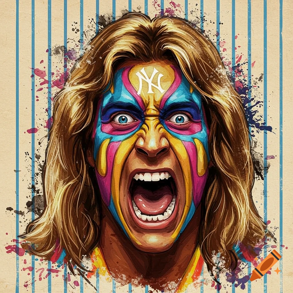 A vibrant depiction of The Ultimate Warrior, showcasing his iconic colorful face paint and a prominent NY logo on his forehead. He is shown in a moment of intense expression, yelling, set against a striking striped background.