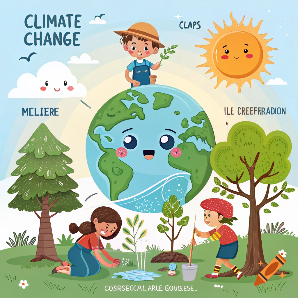 Illustration of children planting trees around a smiling Earth, with sun and clouds.