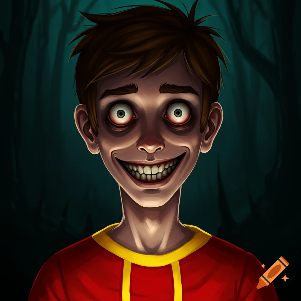 Creepy character with wide eyes and a grin in front of dark woods.