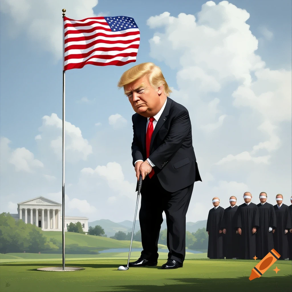 Donald Trump is depicted golfing. In the background, there is a US flag, a building, and several blindfolded figures in robes.