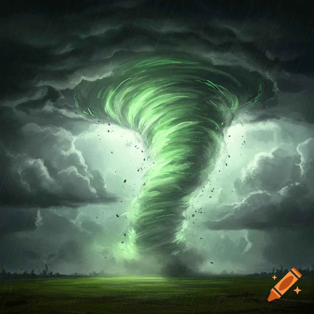 A bright green tornado rips through a stormy sky above a green field.
