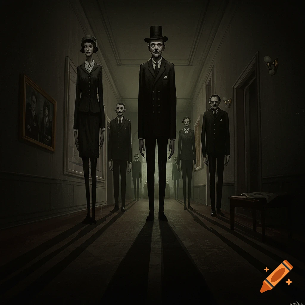 Tall, uncanny figures in formal wear stand in a dark hallway, casting long shadows.