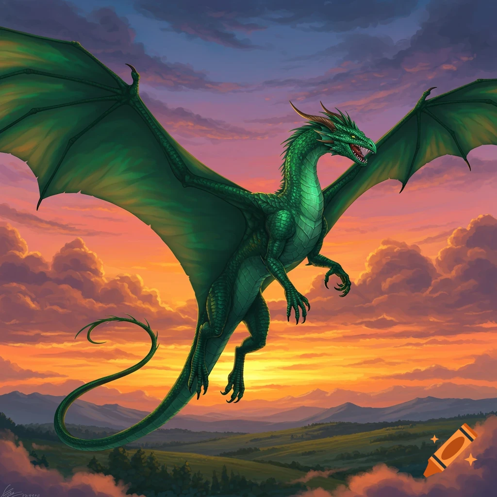 A green dragon flies over mountains and fields at sunset.
