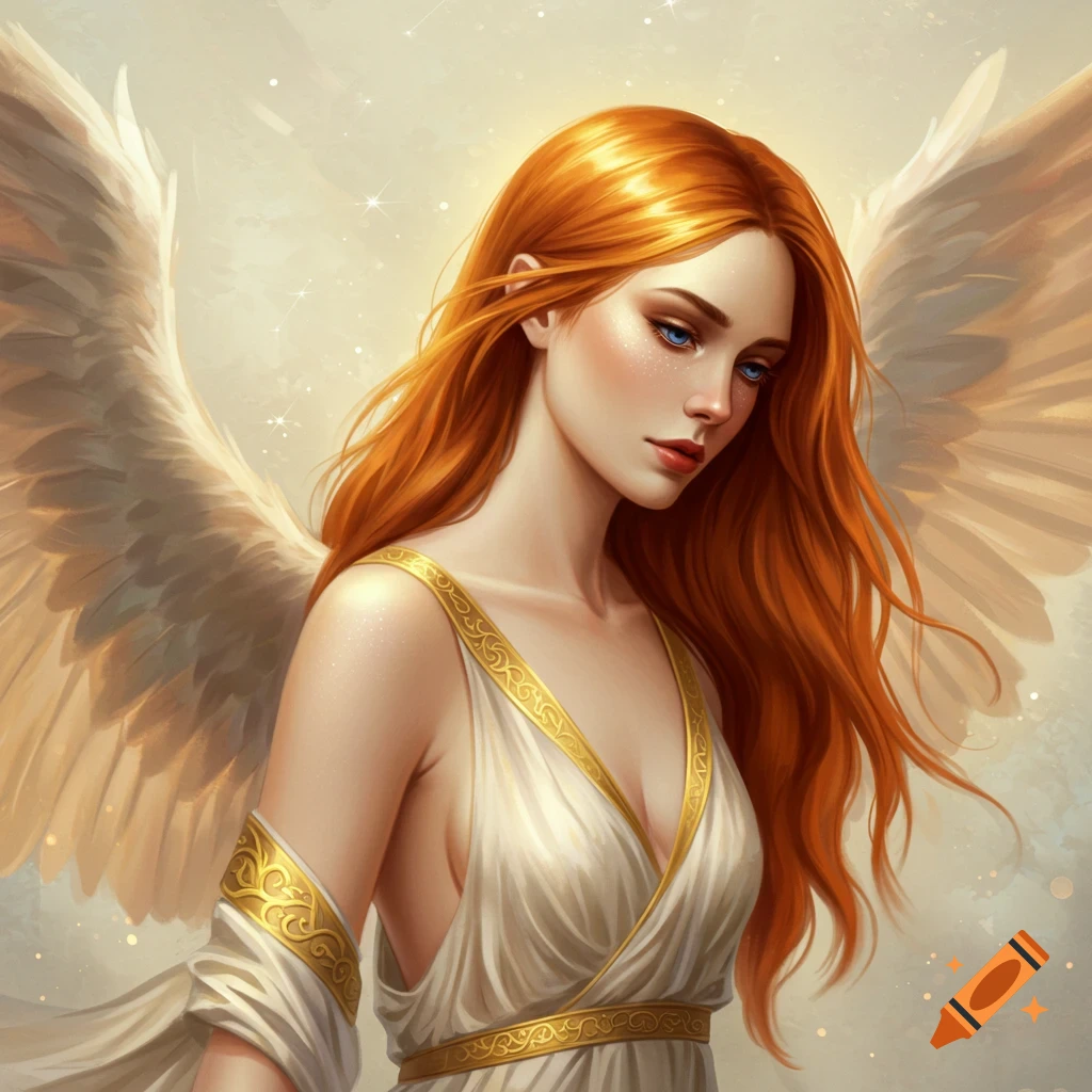 Image of a red-haired woman angel with white wings wearing a white dress.