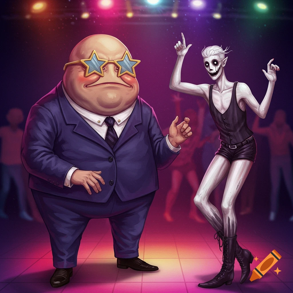 A character in a suit and star glasses dances with a pale, thin character with creepy teeth at a disco with colored lights. Illustration.