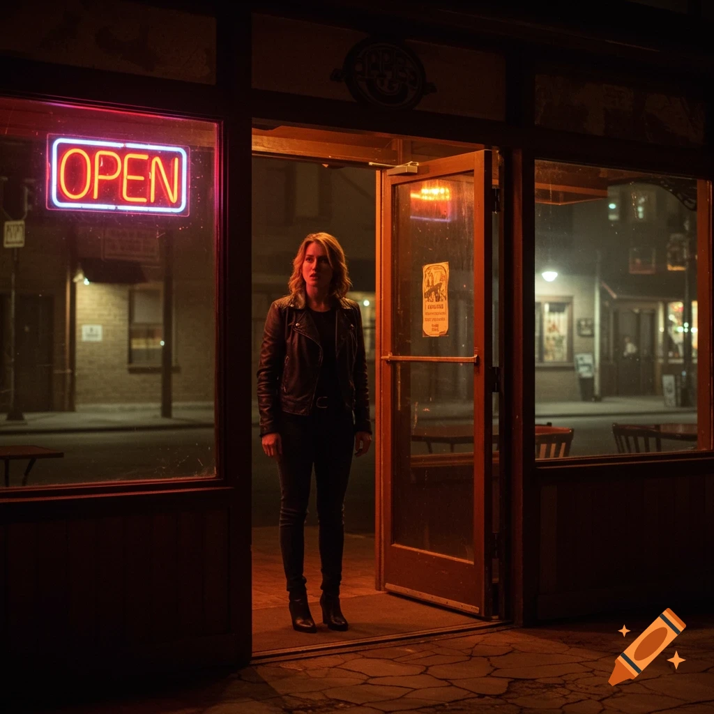 Woman in a leather jacket standing in the doorway of a bar with a neon OPEN sign at night.
