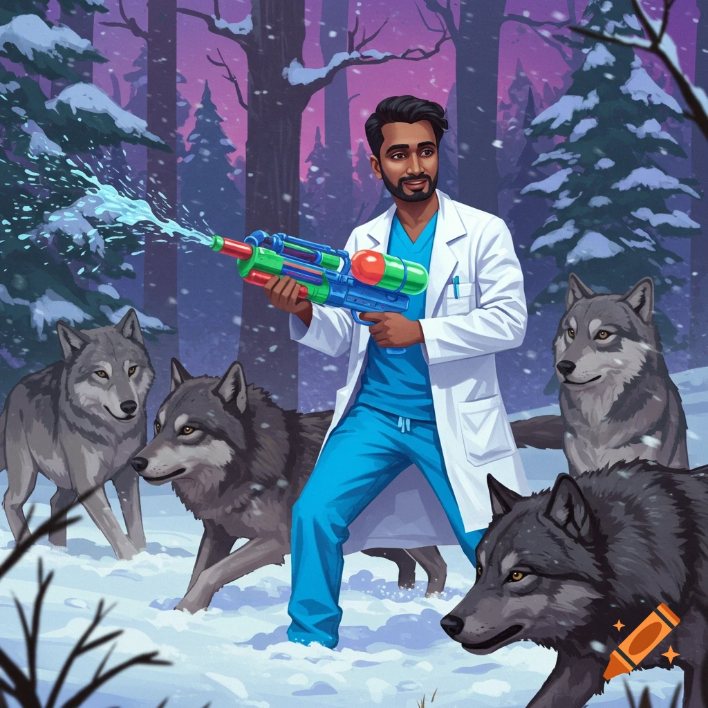 A man in a lab coat is spraying a water gun near wolves in a snowy forest.