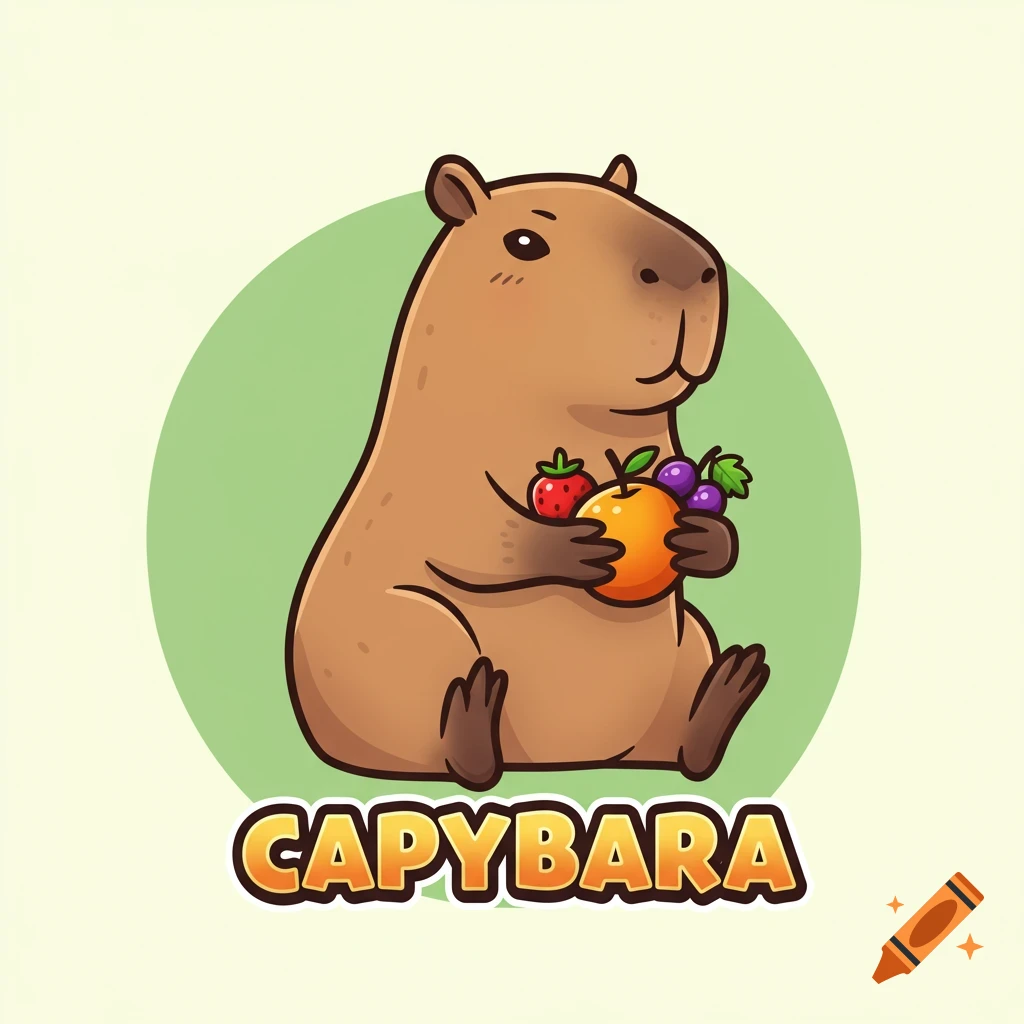 Cute cartoon capybara holding fruit with 'CAPYBARA' text below, in a logo style illustration.