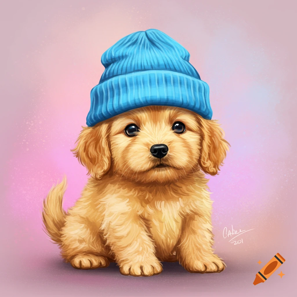 A cute golden retriever puppy wearing a blue beanie