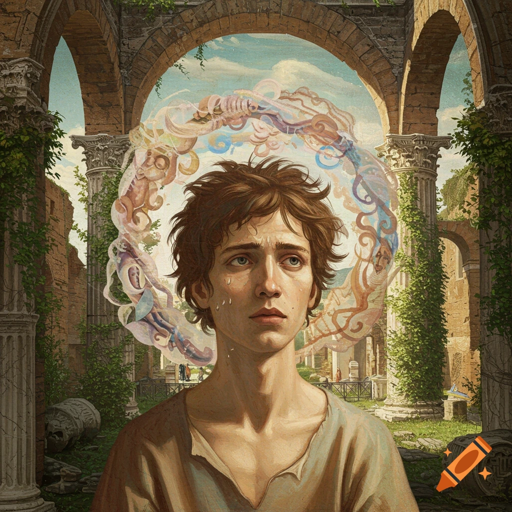 A distressed person crying in Roman ruins with abstract shapes overhead.