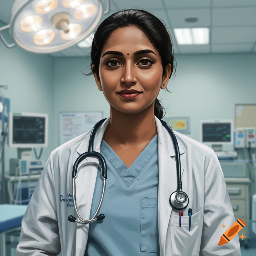 Image of a female doctor with a stethoscope around her neck in a hospital operating room.