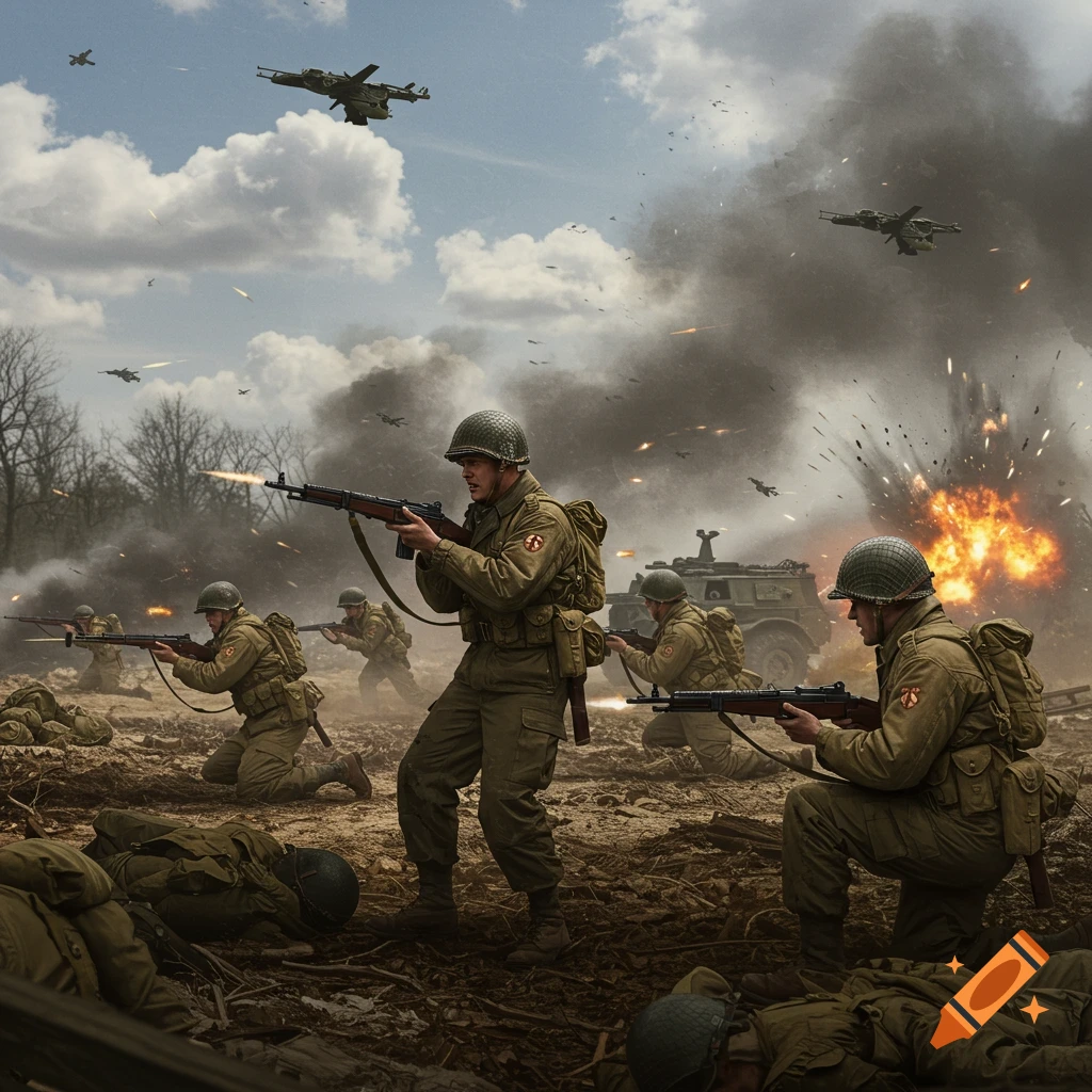 World War 2 soldiers in a chaotic battle scene with explosions and planes.