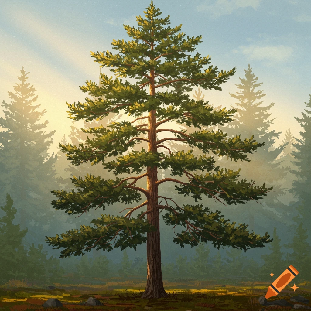 A tall pine tree bathed in sunlight in a misty forest.