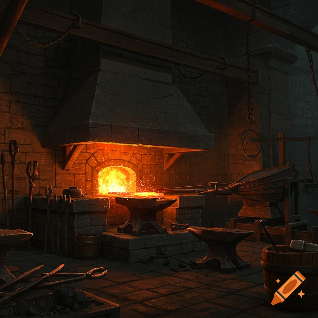 A dark medieval forge with a glowing furnace, anvils, tools, and bellows.