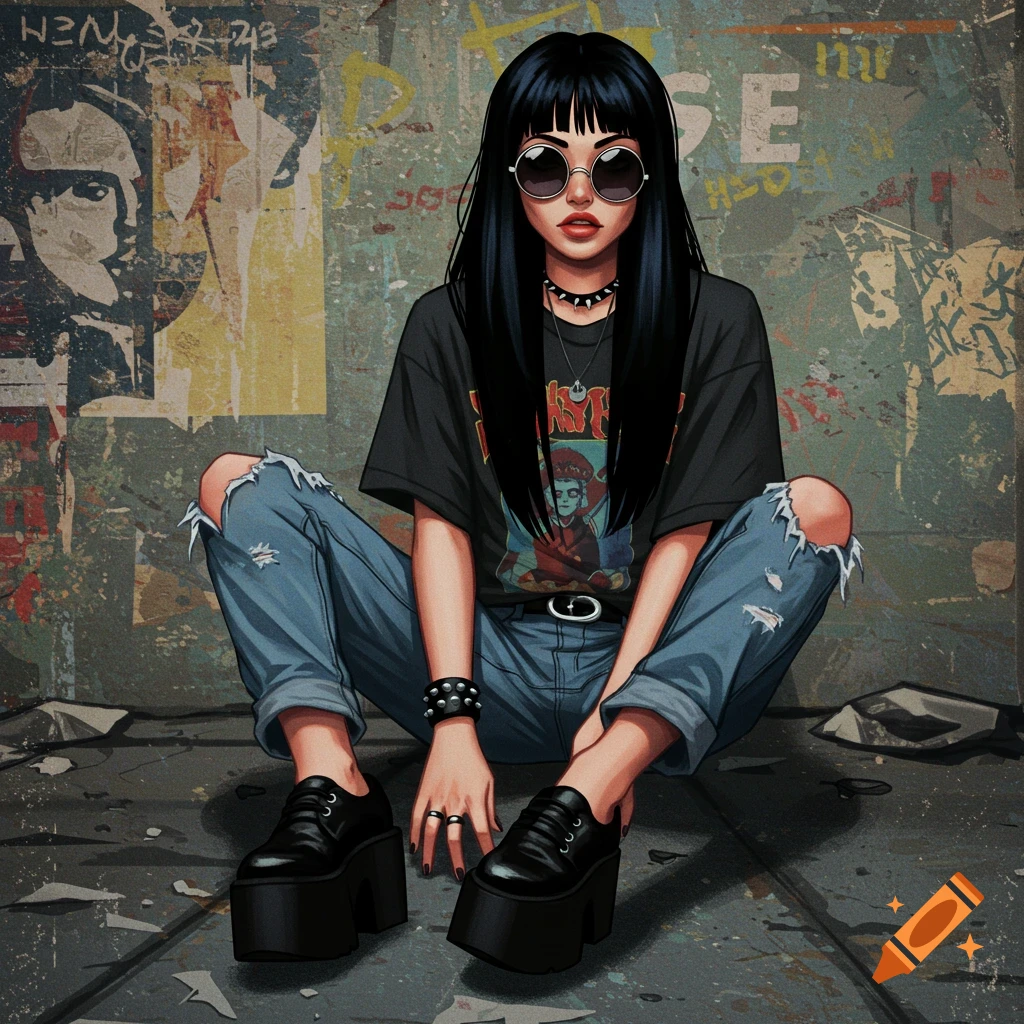A woman in grunge style with round sunglasses, black hair, ripped jeans, and platform shoes sits against a graffiti wall.