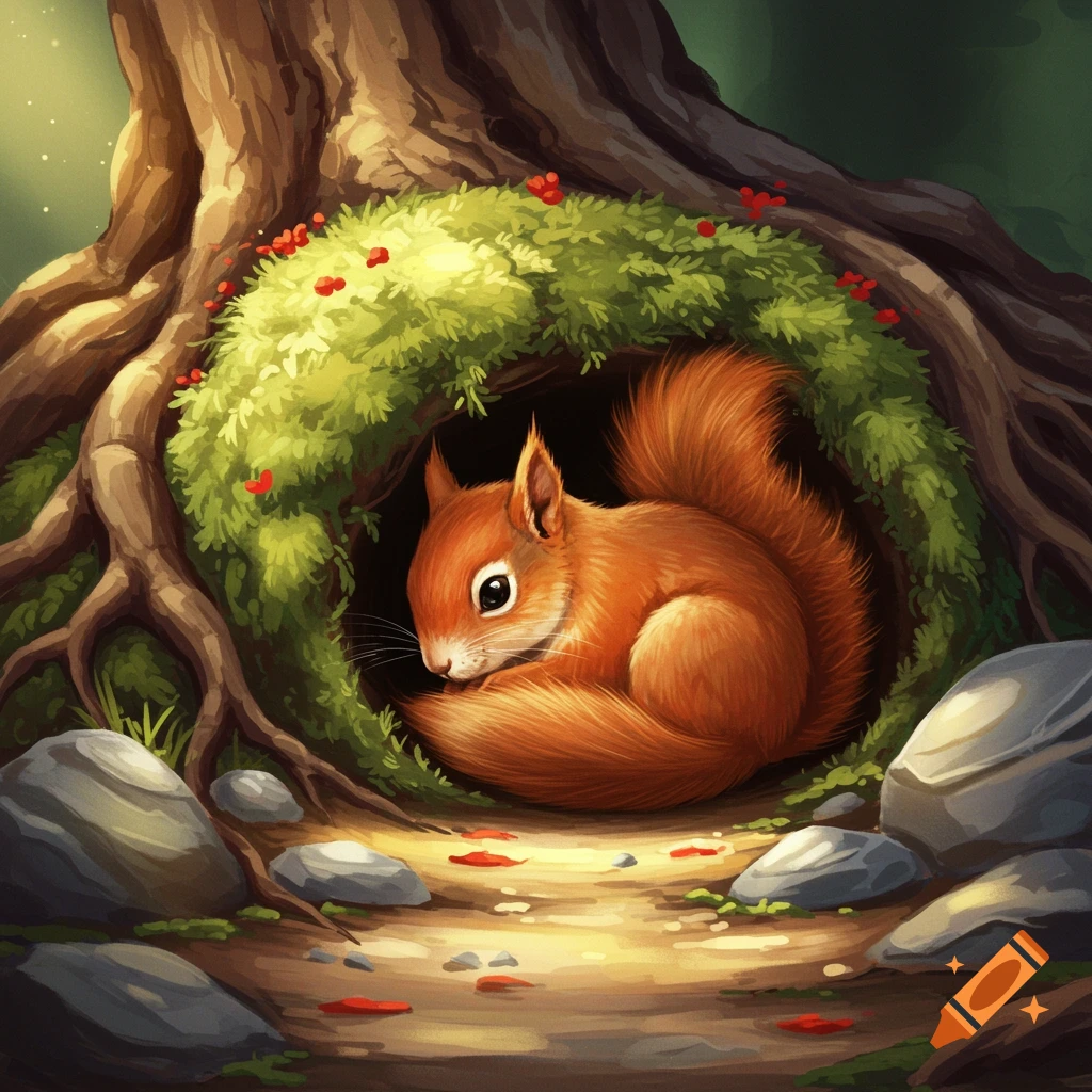 A cute squirrel curled up in a cozy den under a tree root.
