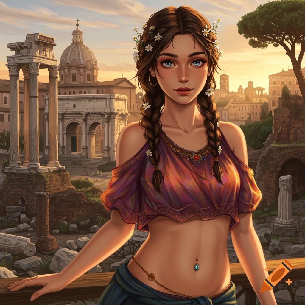 A young woman in a crop top and belly ring stands before ancient Roman ruins at sunset.