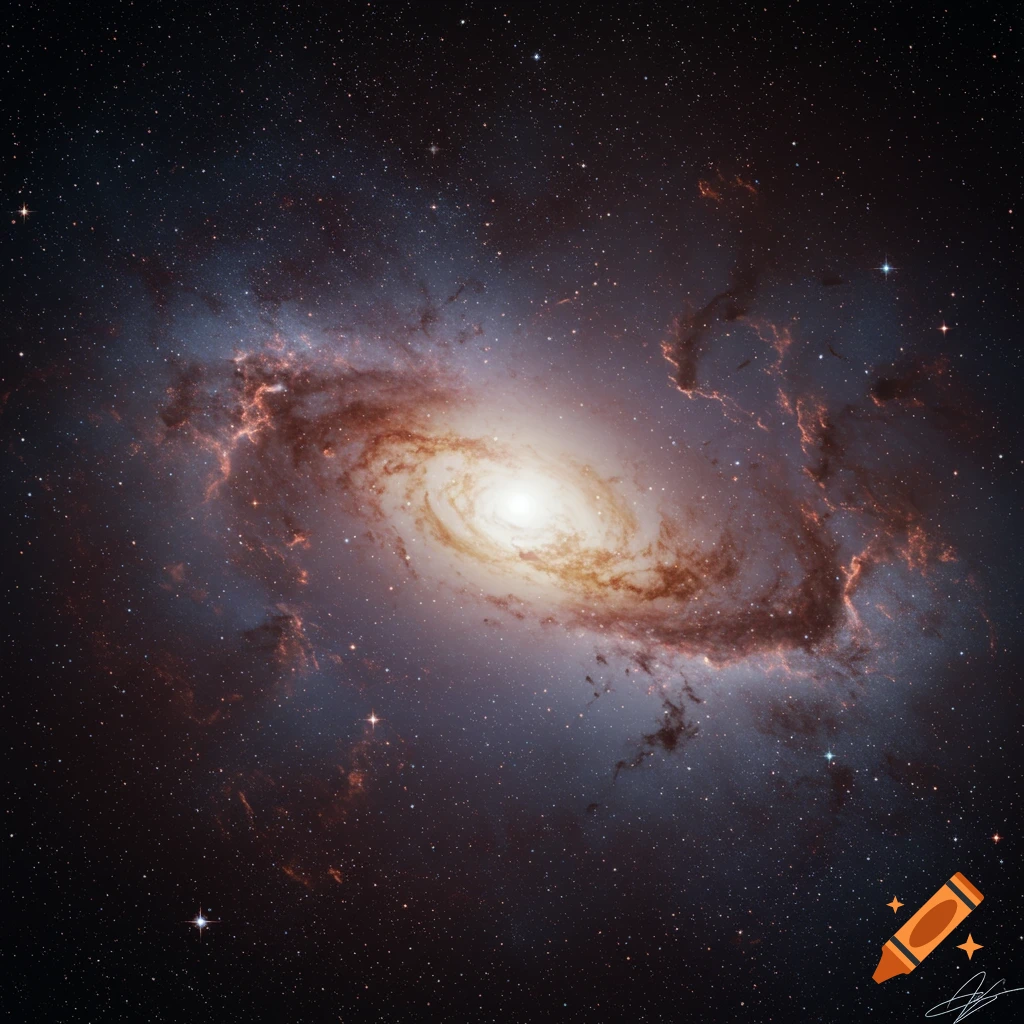 A spiral galaxy with a bright central core and dark dust lanes against a starry background.