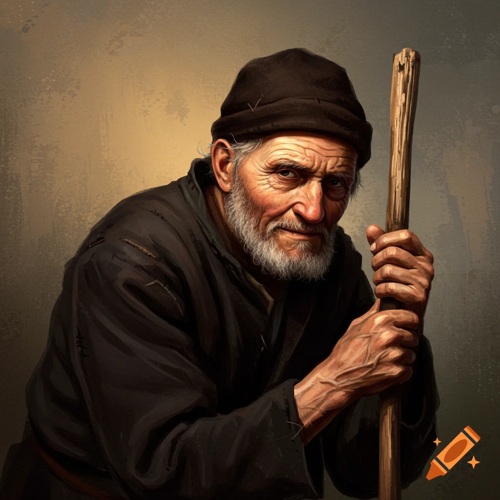 An old man with a beard and cap, holding a wooden staff, looking directly at the viewer.