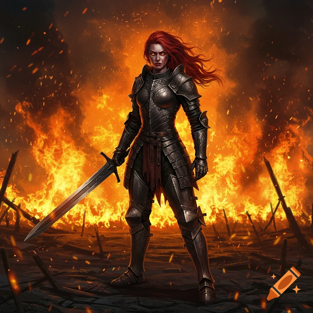 A female warrior in armor stands with a sword amidst flames in a burning village.