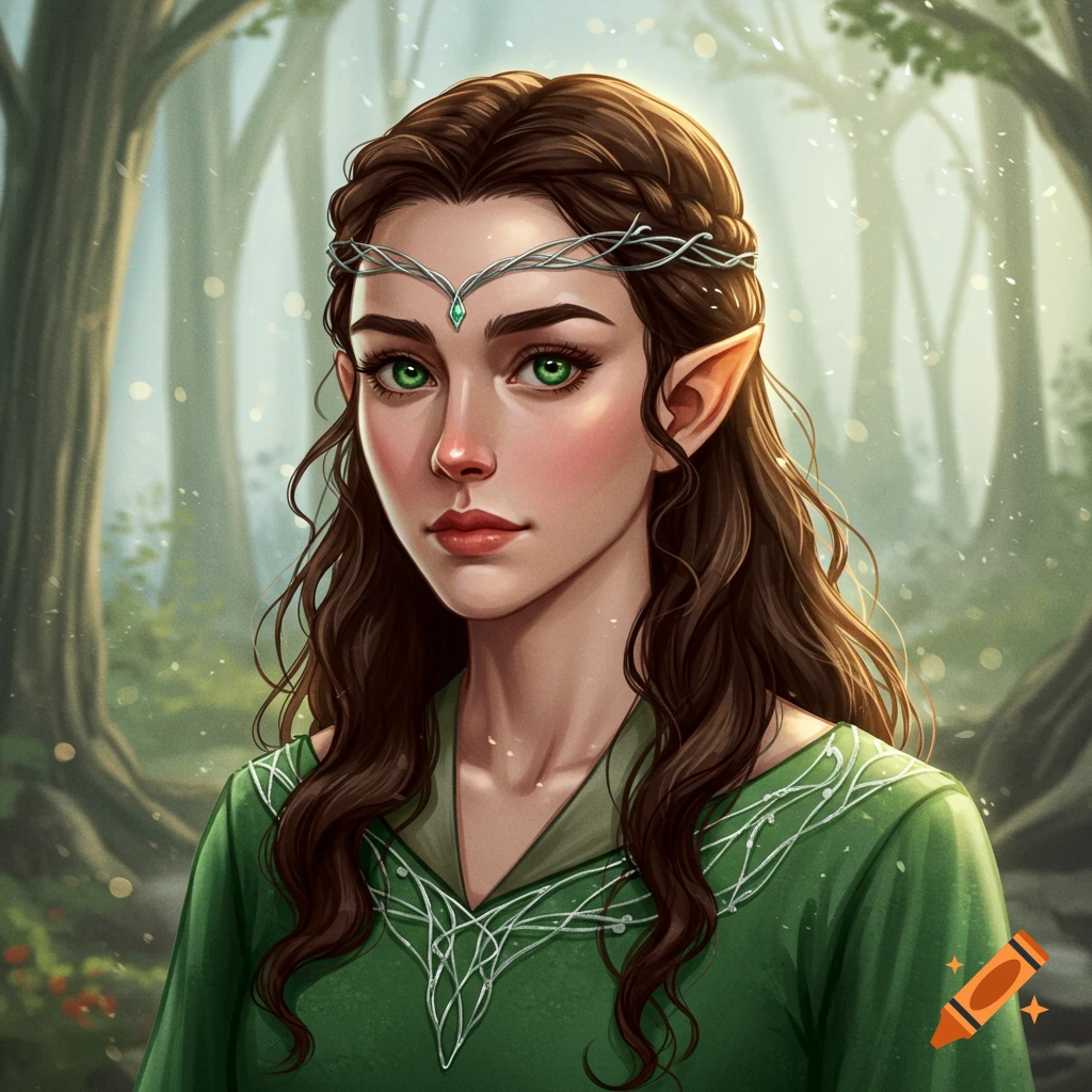 Portrait of an elf woman with long brown hair, green eyes, and circlet in a forest.