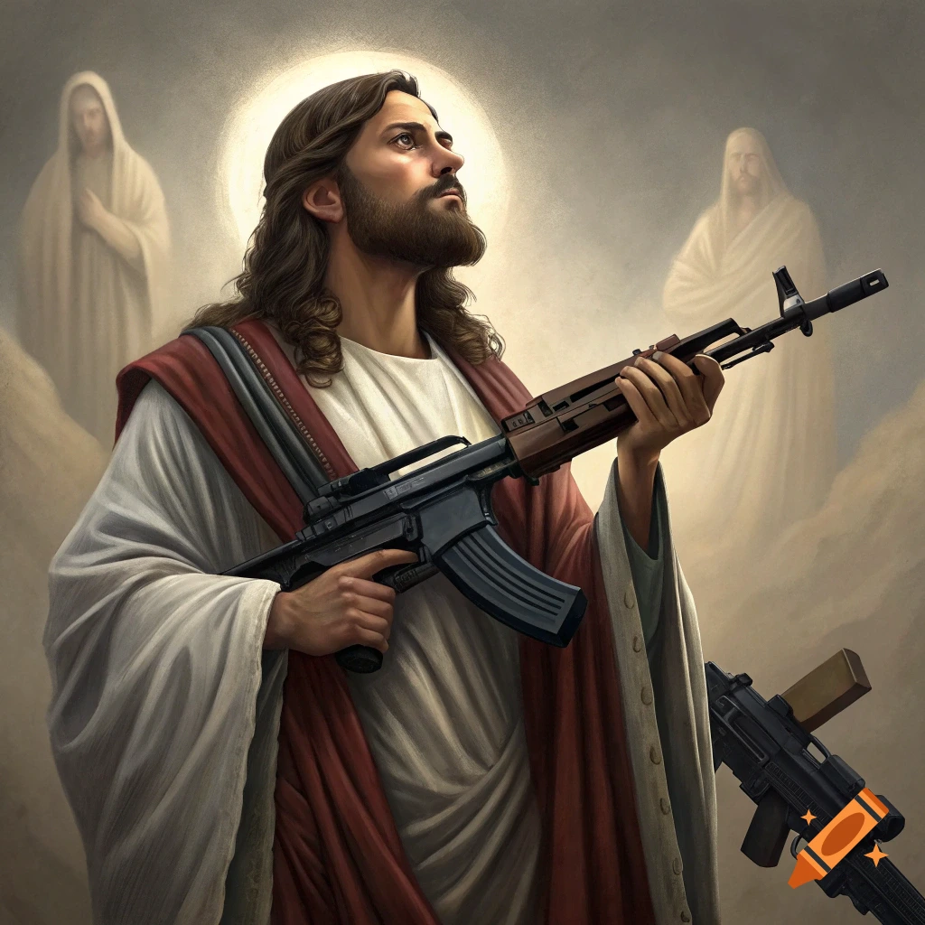 Jesus holding an assault rifle.