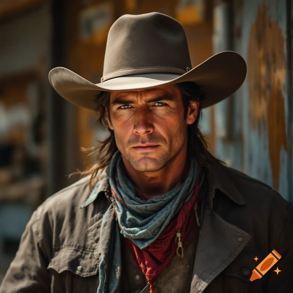 Photorealistic portrait of a cowboy in a hat and scarf.