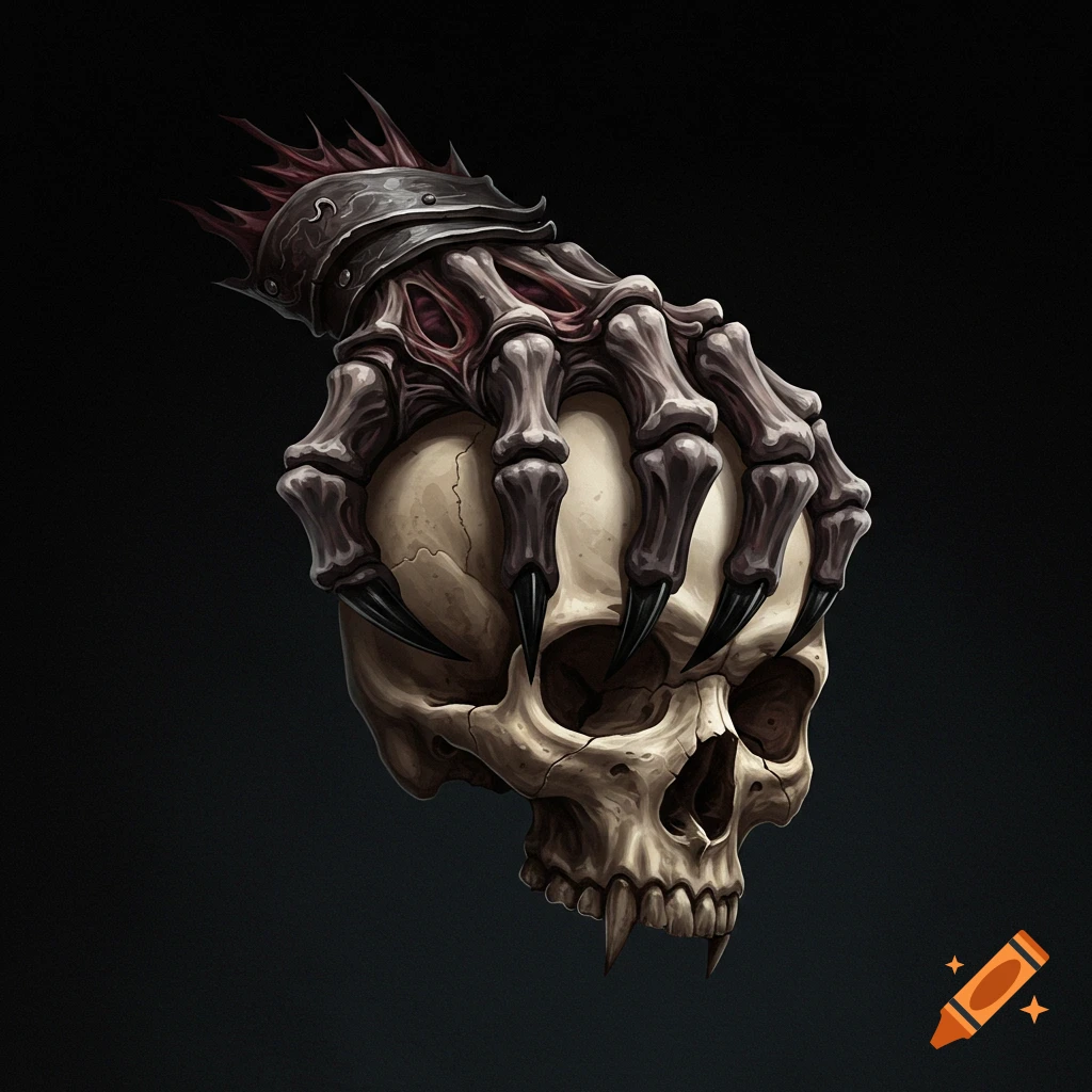 A skeletal clawed hand holding a skull.