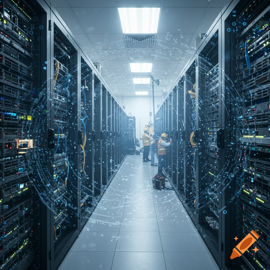 A data center hallway with server racks and technicians.