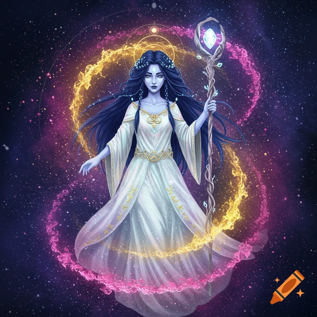 A celestial being in a white dress holds a glowing staff against a starry space background with swirling energy.
