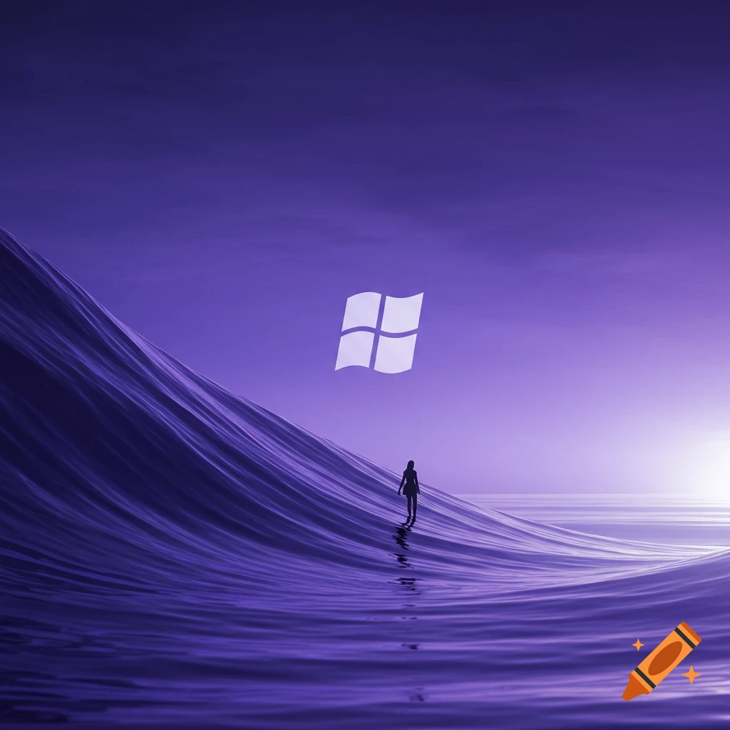 A figure rides a purple wave under a sky featuring a Windows logo.