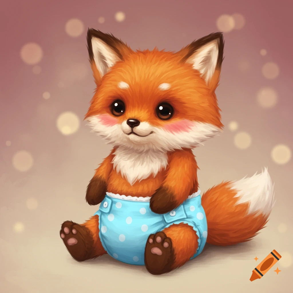 A whimsical illustration of a cute baby fox wearing a blue polka dot diaper.