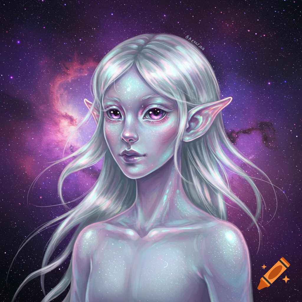 An ethereal alien-like creature with white hair against a galaxy background.