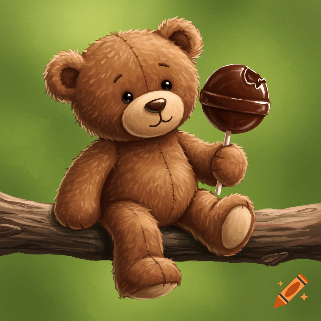 A cute brown teddy bear sits on a branch holding a chocolate lollipop.
