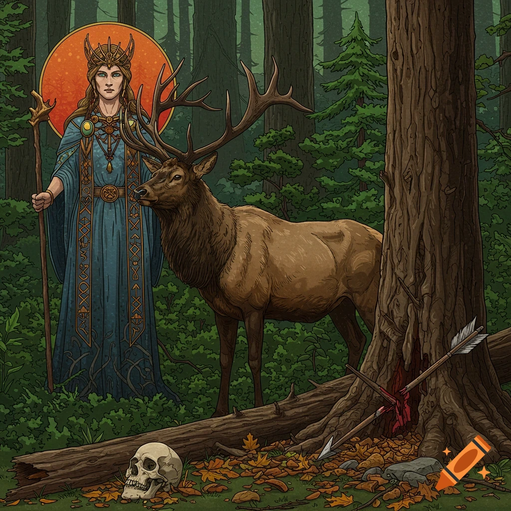 Digital illustration of a goddess and an elk in a forest with a skull and broken arrows.