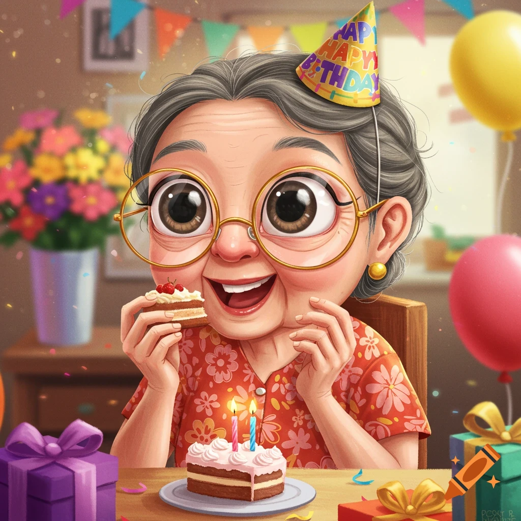 Happy older lady with oversized eyes and glasses, holding a slice of birthday cake. There's a cake with candles, presents, and balloons.