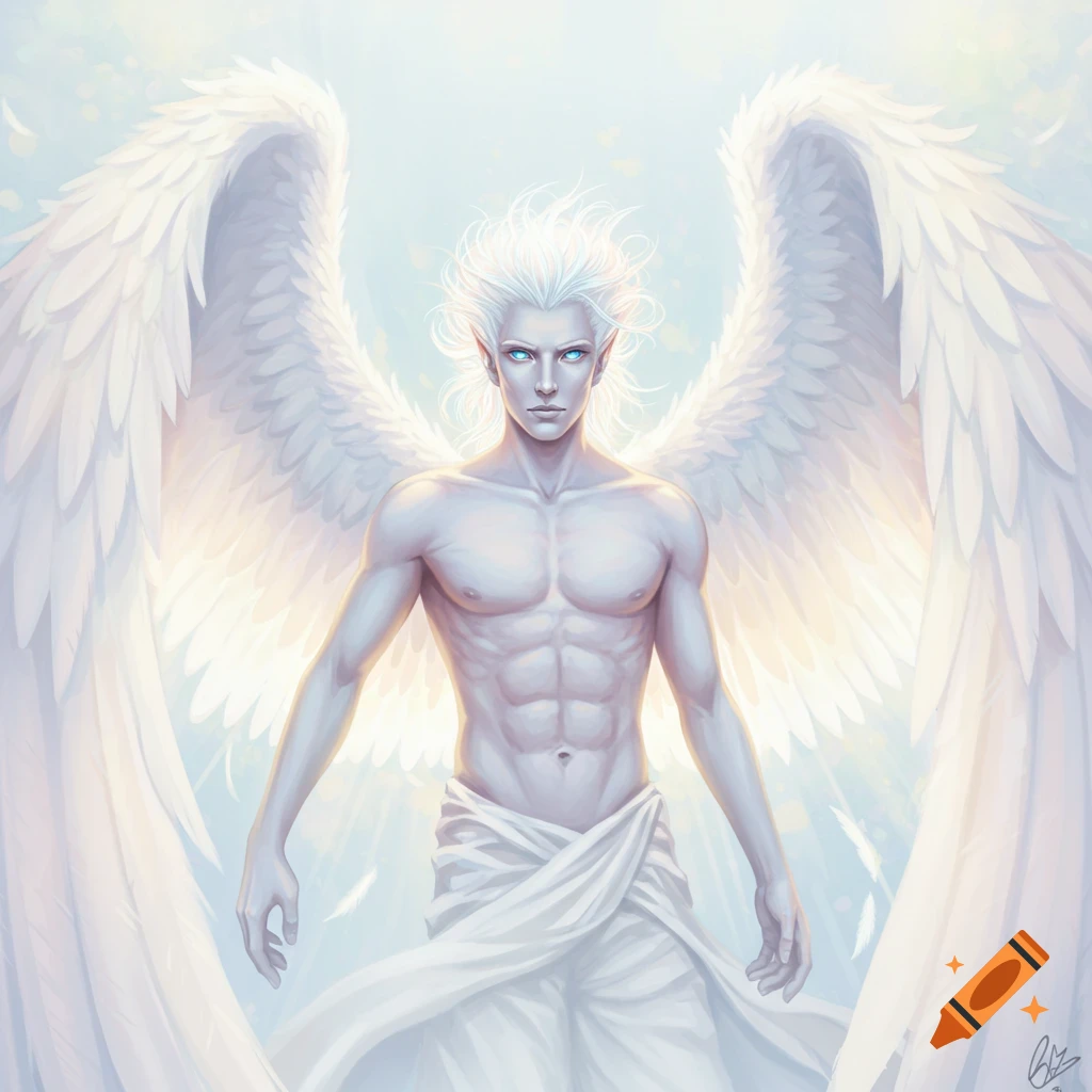 A male angel with large white wings and white hair